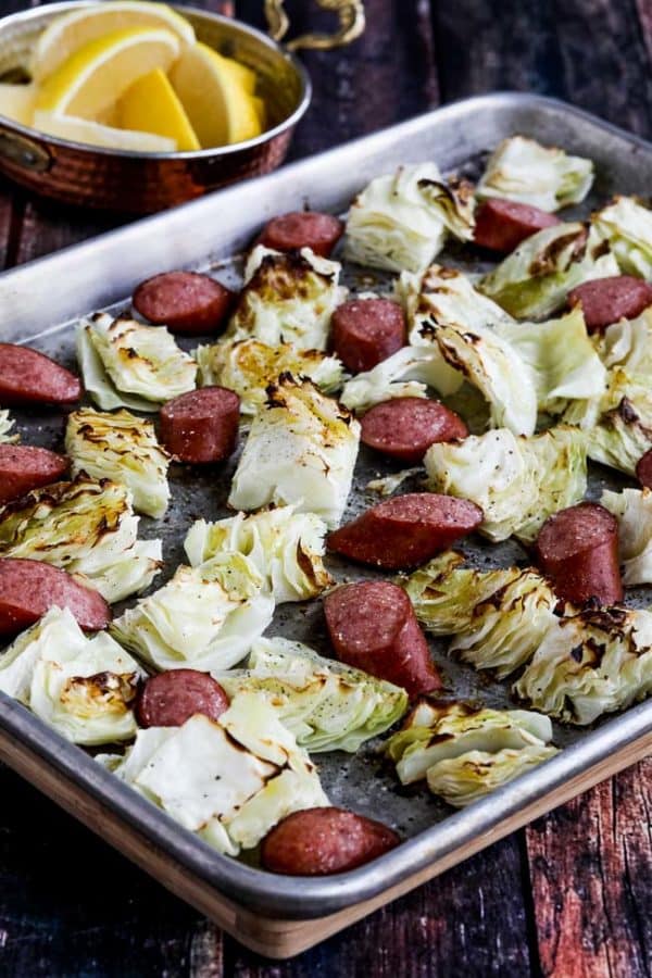 Sausage and cabbage on a sheet pan