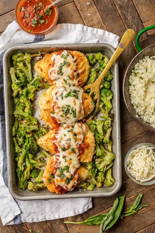 Parmesan chicken on a sheet pan with broccoli
