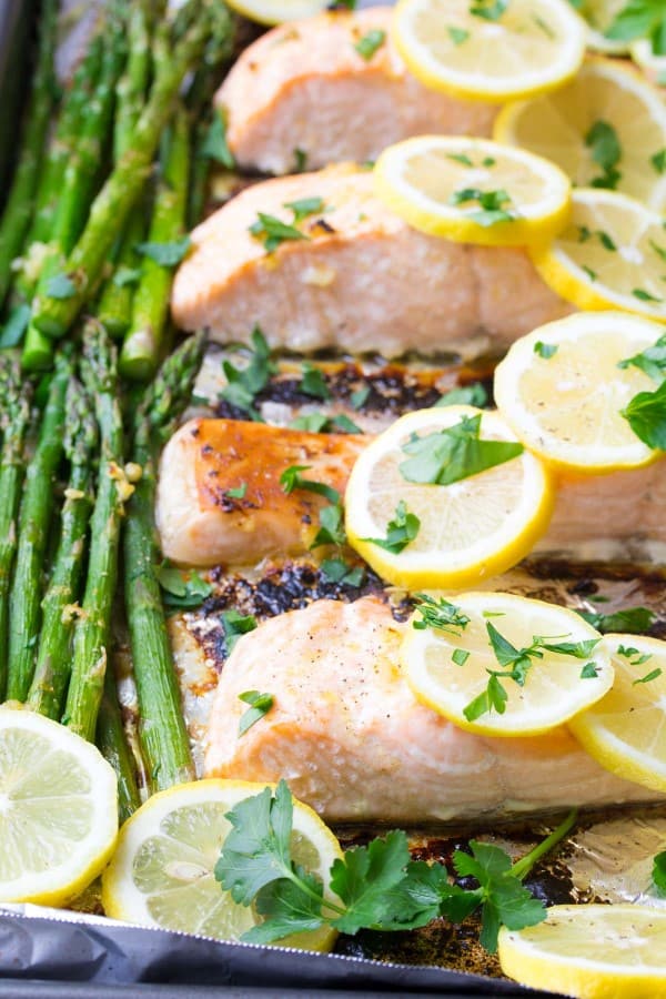 Salmon on a sheet pan with lemon and asparagus