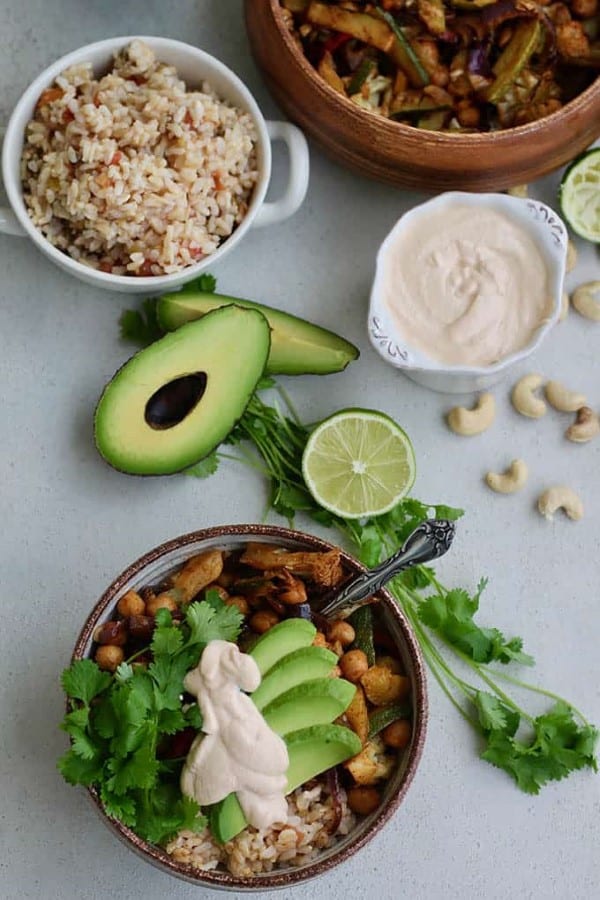 Chickpea and cauliflower fajita bowl