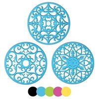 ME.FAN 3 Set Silicone Multi-Use Intricately Carved Trivet Mat - Flexible Durable Non Slip (Blue)