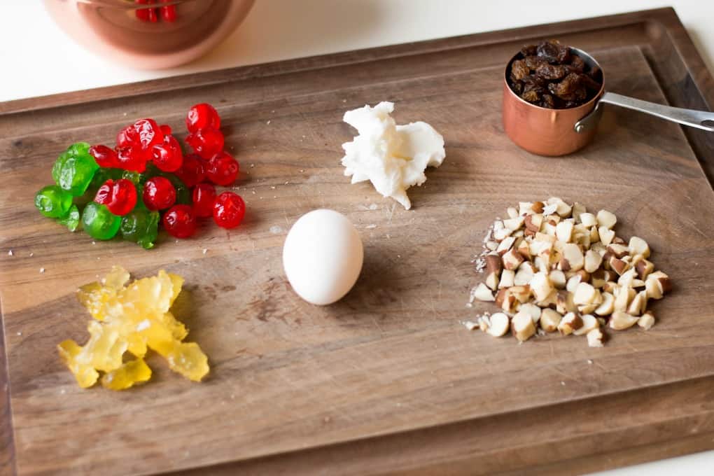 Ingredients on a board for Best Ever Fruitcake Cookies