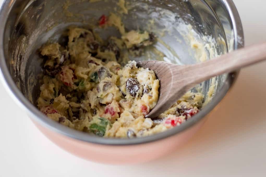 Batter in a bowl for Best Ever Fruitcake Cookies.