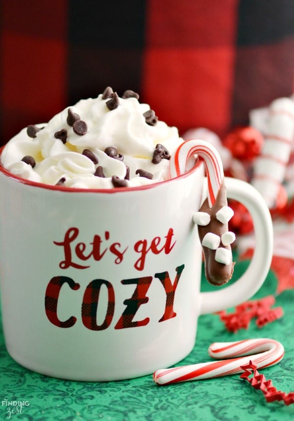 Chocolate Dipped Candy Canes on the side of a mug. 