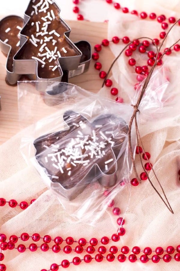 Cookie Cutter Christmas Fudge wrapped up in a cello bag. 