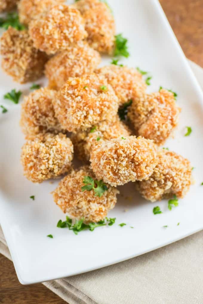 Panko Crusted Sweet Potato Balls on a white platter