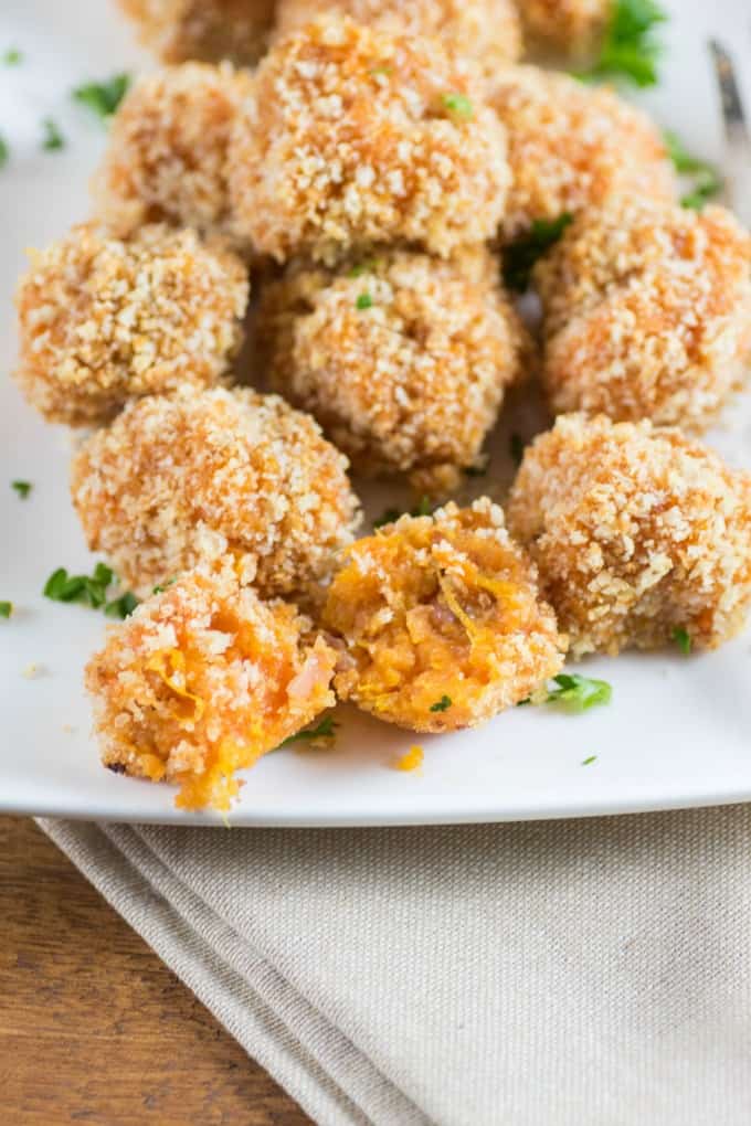 Panko Crusted Sweet Potato Balls on a white platter