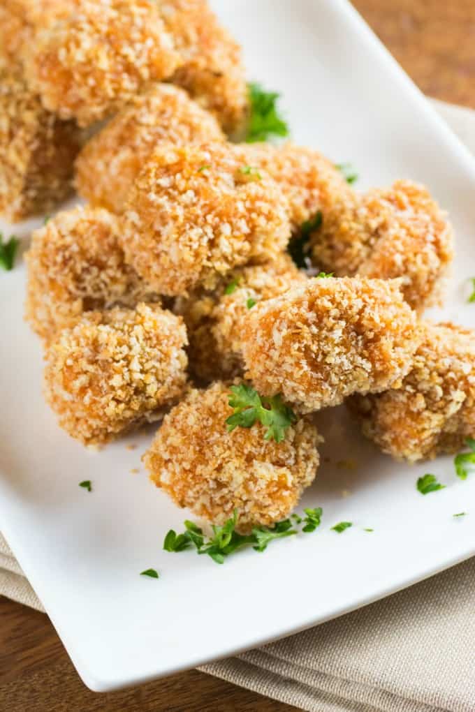 Panko Crusted Sweet Potato Balls on a white platter