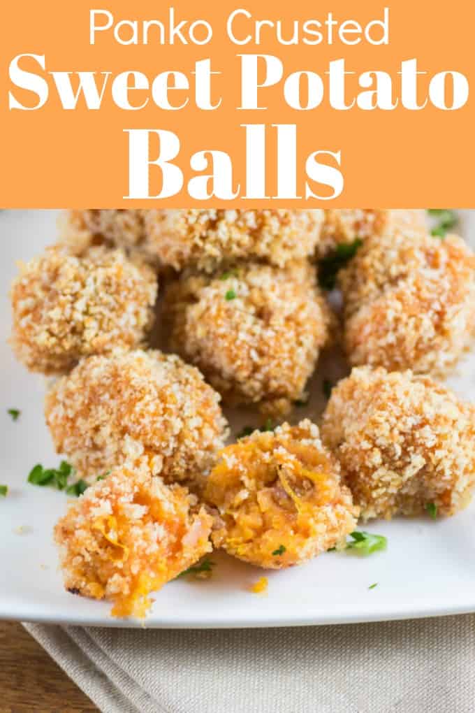 Panko Crusted Sweet Potato Balls are a sweet and savory combination that make a great holiday appetizer or side dish!! #sidedish #appetizer #sweetpotato