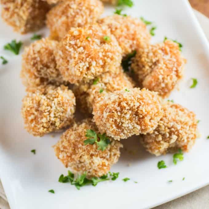 Panko Crusted Sweet Potato Balls on a white platter