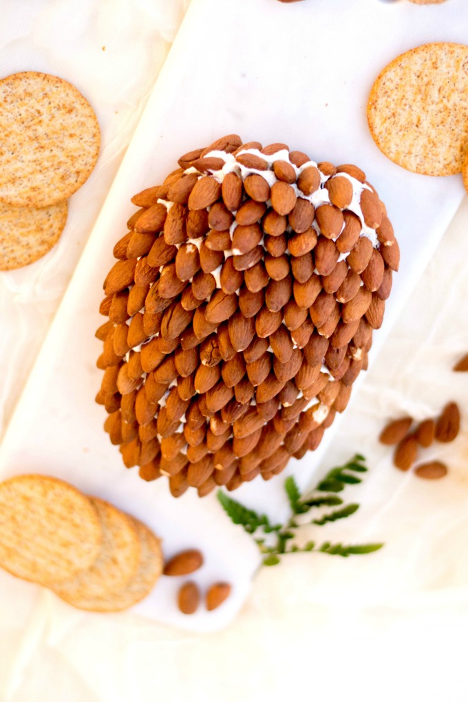 Pine Cone Cheese Ball Recipe on a whitel board with crackers