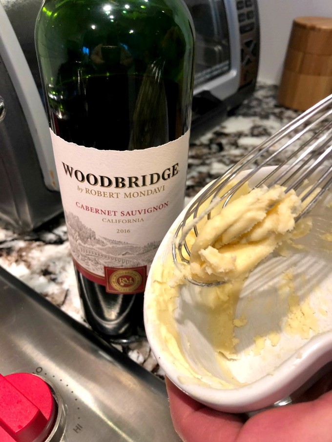 Woodbridge by Robert Mondavi Cabernet Sauvignon and whiske butter and flour in a white dish