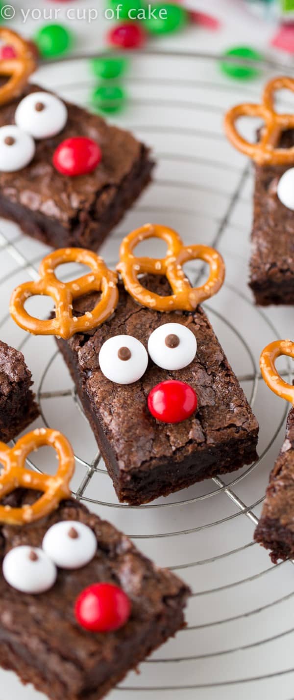 Rudolph Brownies on a cooling rack. 