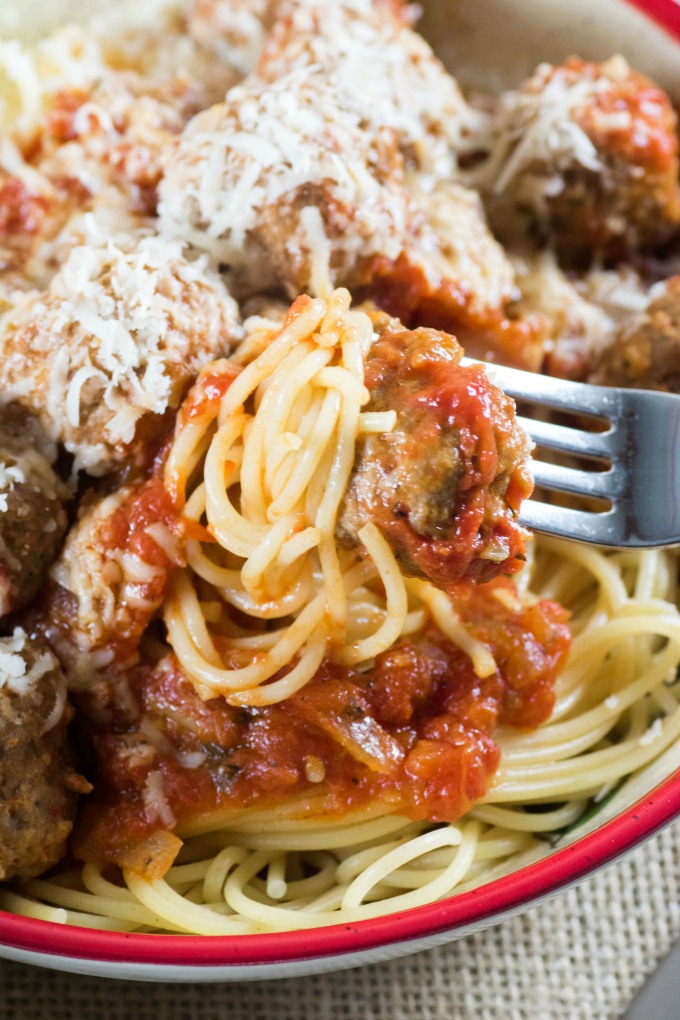 Spaghetti and Meatballs in Marinara Sauce with a fork in a bowl