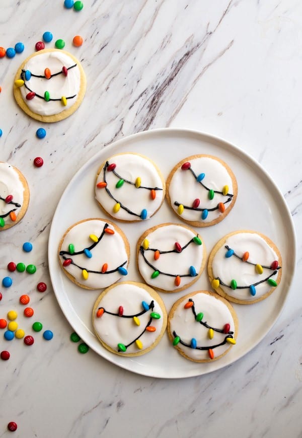 Christmas Lights Cookies on a white plate. 