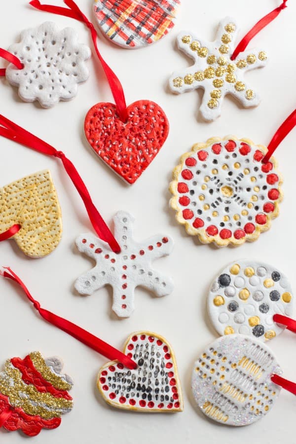 Assorted Salt Dough Ornaments on a white backdrop. 