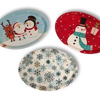 Set of Three Large Oval Christmas Holiday Design Melamine Platter Dishes (Snowflake, Santa Rudolph & Frosty & Classic Snowman)