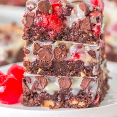 Chocolate Cherry Magic Bars stacked.