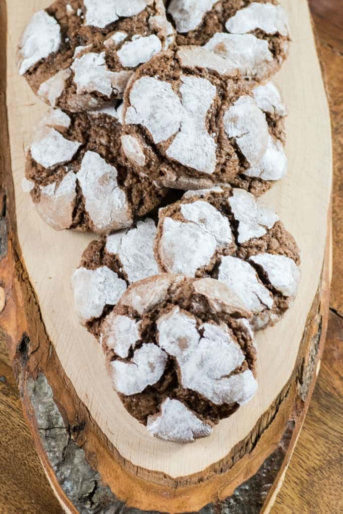 Chocolate Crinkle Cookies on a wooden board