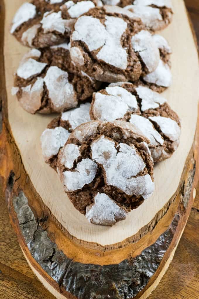 Chocolate Crinkle Cookies on a wooden board