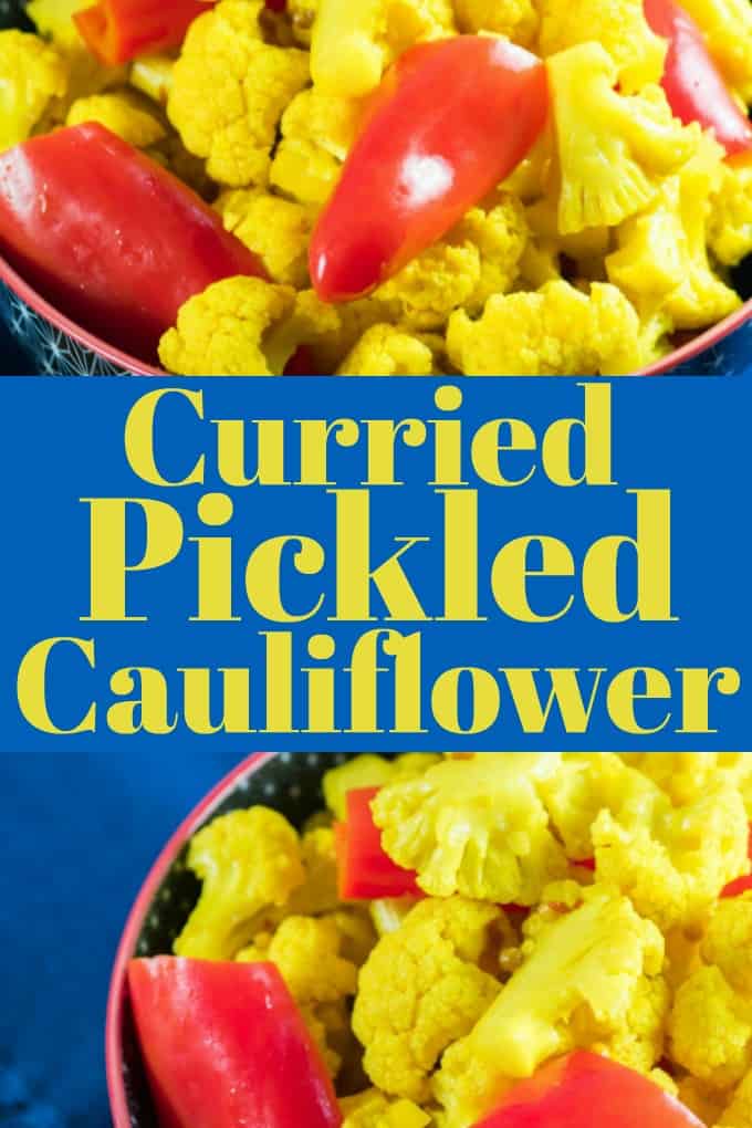 Curried Red Pepper and Pickled Cauliflower is perfect with any cheese board or charcuterie for anytime of the year, plus great with lunches and grilled meats!! #cauliflower #redpeppers #curry #pickled