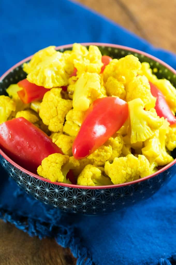 Curried Red Pepper and Pickled Cauliflower in a bowl