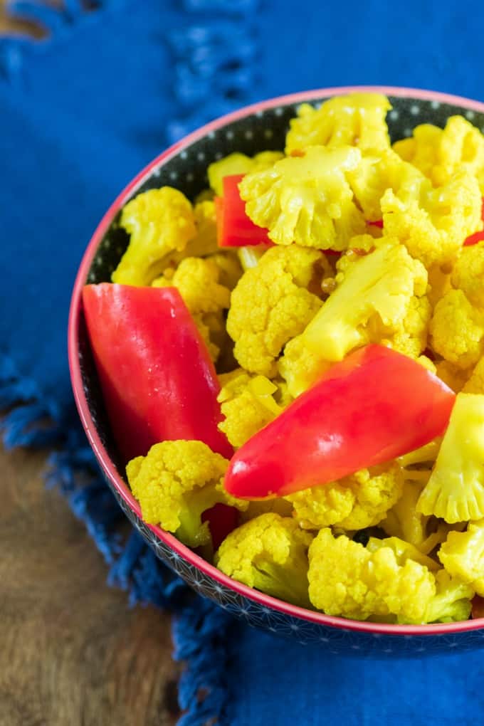 Curried Red Pepper and Pickled Cauliflower in a bowl