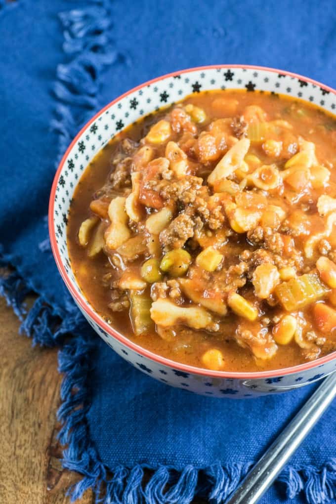 Bowl of Minestrone Soup on a blue napkin