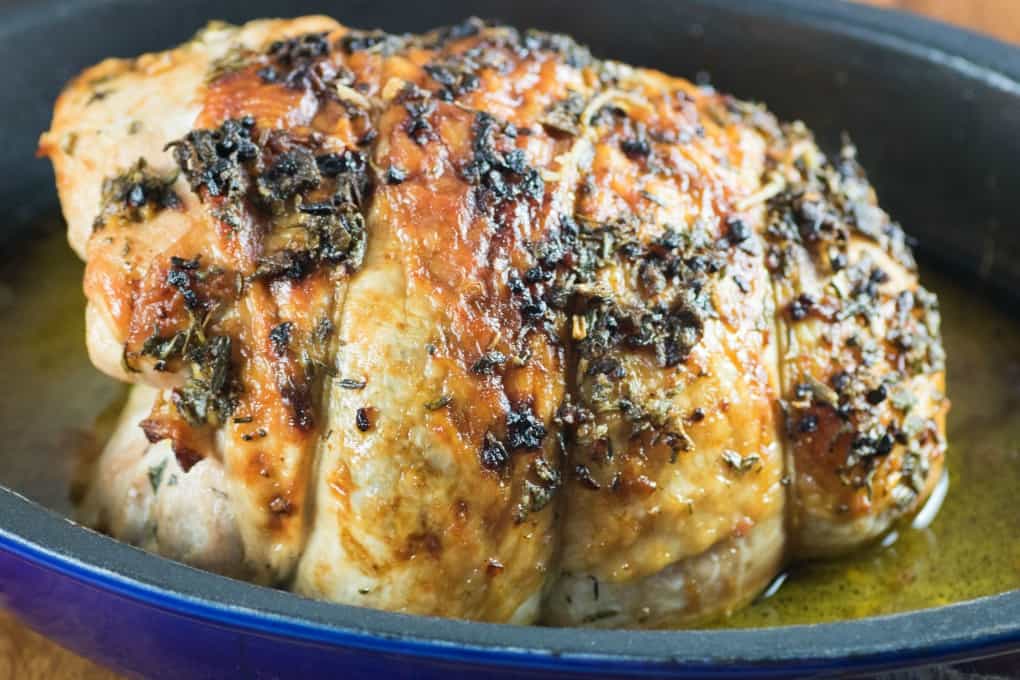 Herbed Butter Roast Turkey Breast in a roasting pan