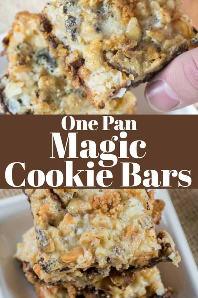 One Pan Magic Cookie Bars are layers of chocolate, butterscotch, coconuts and walnuts and are the easiest dessert to make. #magicbars #7layercookies