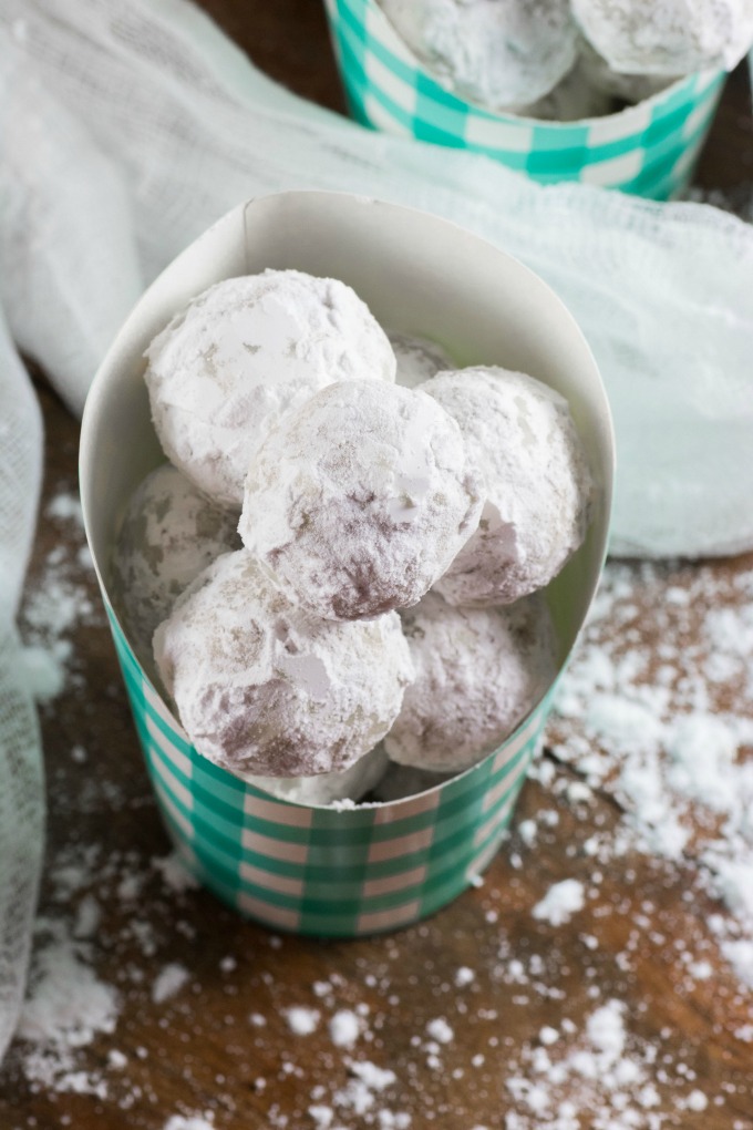 Snowball Cookies in checkered paper containers
