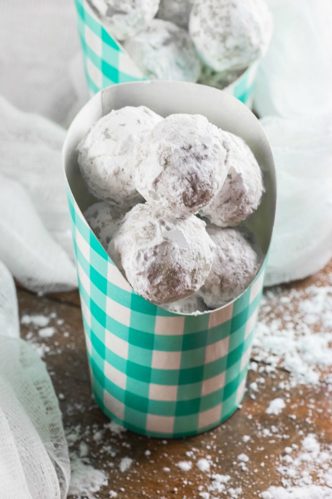 Snowball Cookies in checkered paper containers