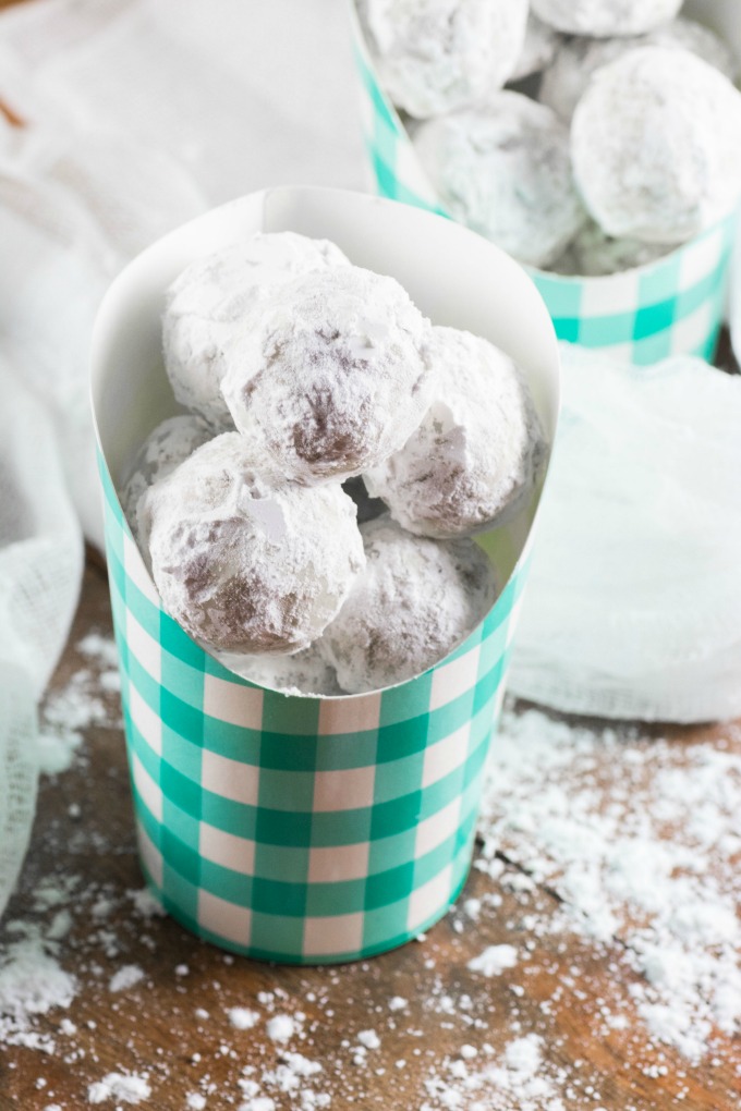 Snowball Cookies in checkered paper containers