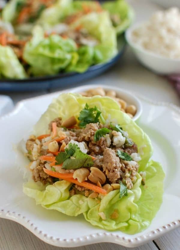 Thai Turkey Brown Rice Lettuce Wraps on a white plate