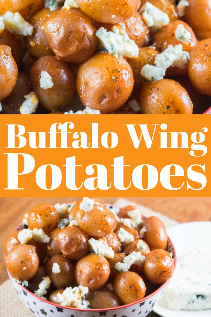 Buffalo Wing Potatoes are made in minutes and fantastic as a lunch, appetizer, or side dish! Great for game day too! #littpotatoes #creamerpotatoes #buffalowing #hotwings
