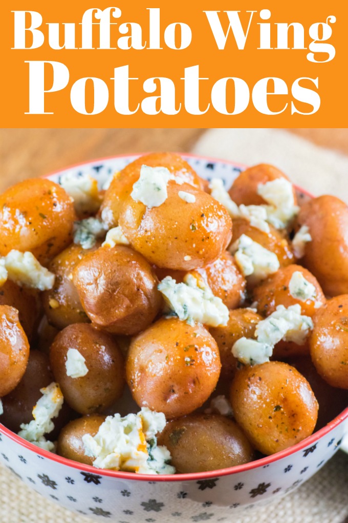 Buffalo Wing Potatoes are made in minutes and fantastic as a lunch, appetizer, or side dish! Great for game day too! #littpotatoes #creamerpotatoes #buffalowing #hotwings