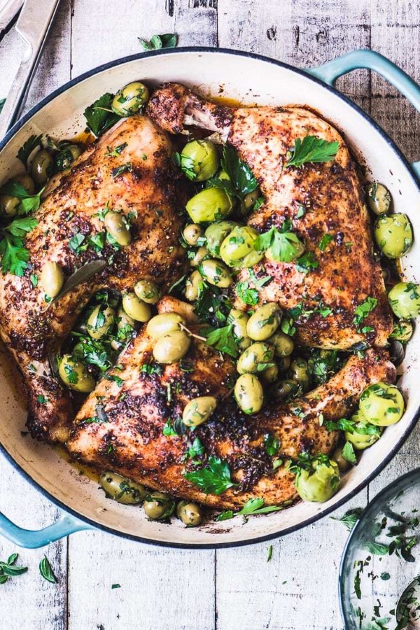 Chicken with Cracked Olives and Herbs in a Pot