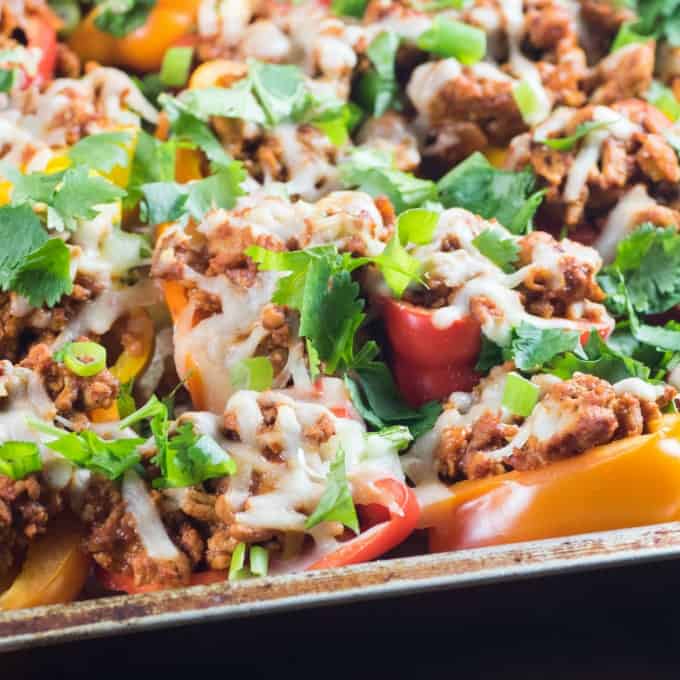 Healthy Mini Pepper Low Carb Nachos on a baking sheet