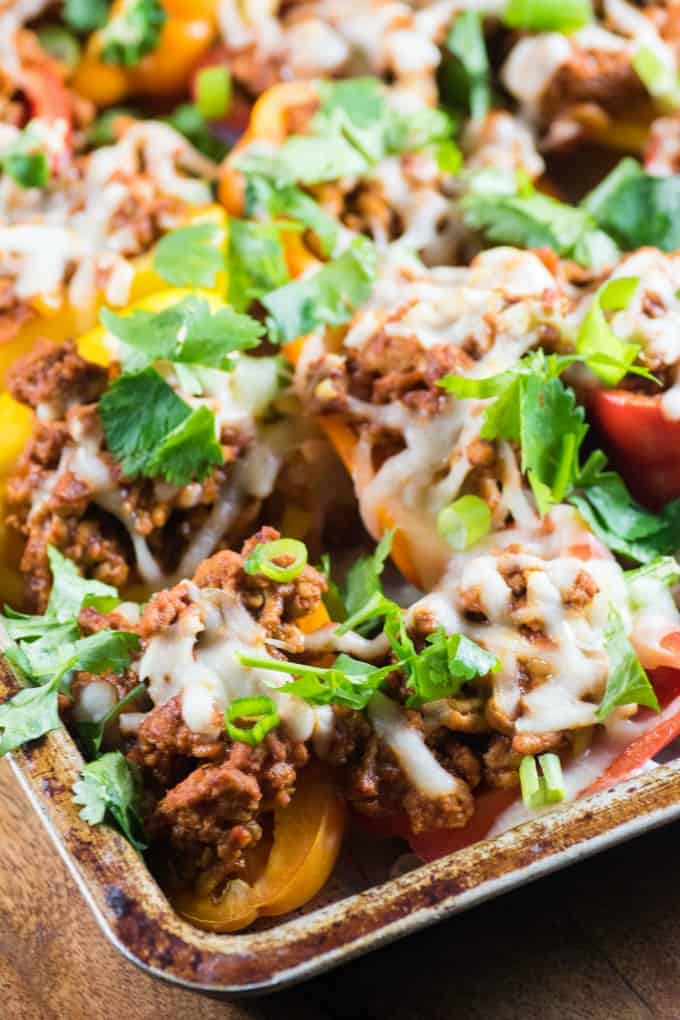 Healthy Mini Pepper Low Carb Nachos on a baking sheet