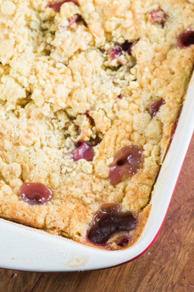 Rhubarb Dump Cake in a pan