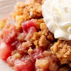 Close up of rhubarb dump cake.