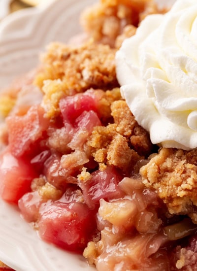 Close up of rhubarb dump cake.