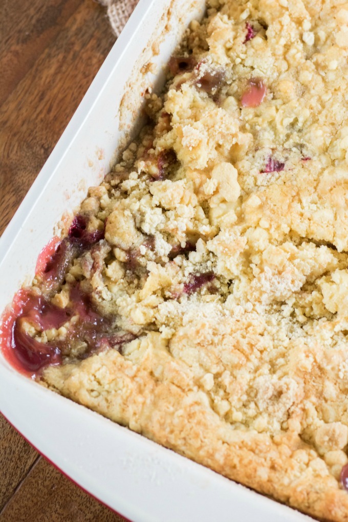 Rhubarb Dump Cake in a pan