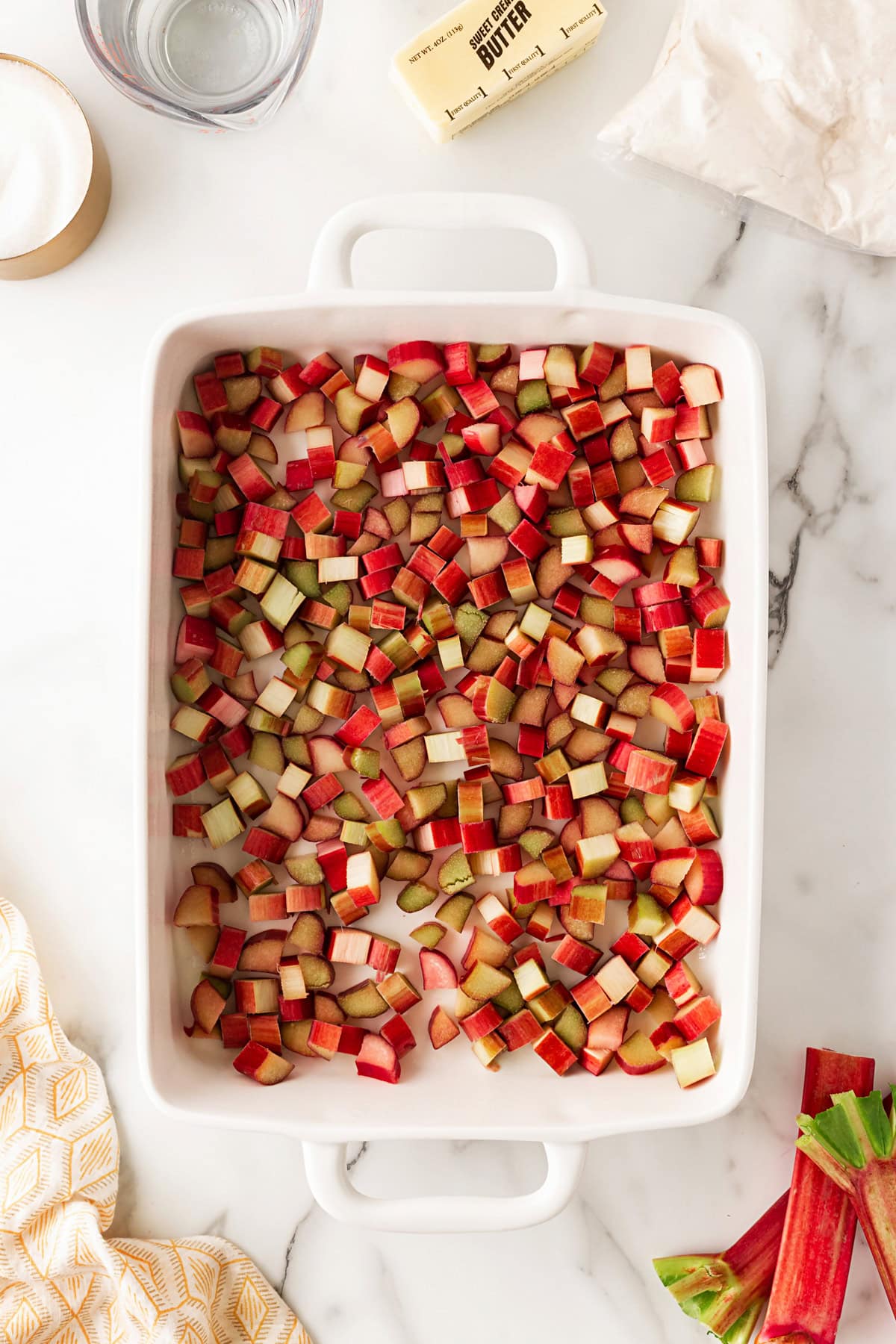 Rhubarb in a casserole dish. 
