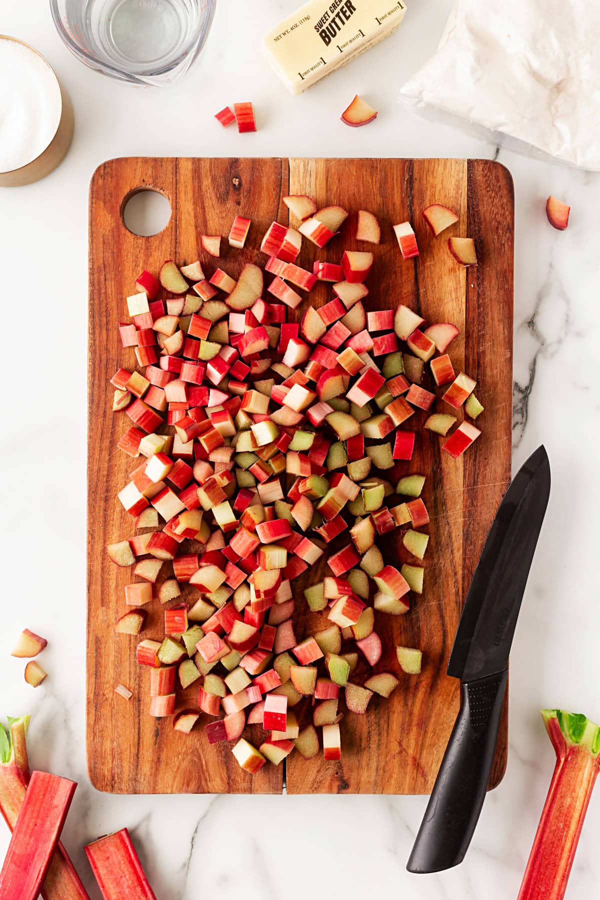 Chopped rhubarb on a board. 