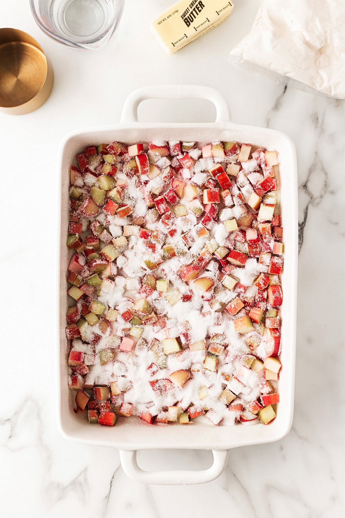 Sugar over rhubarb.