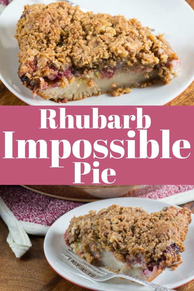 Rhubarb Impossible Pie is so easy, the simple blender custard is poured on and creates its own crust while baking!! #pie #impossible #rhubarb