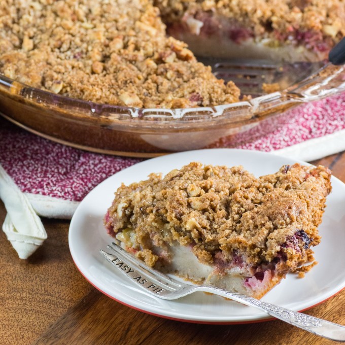 Rhubarb Impossible Pie served on a plate. 