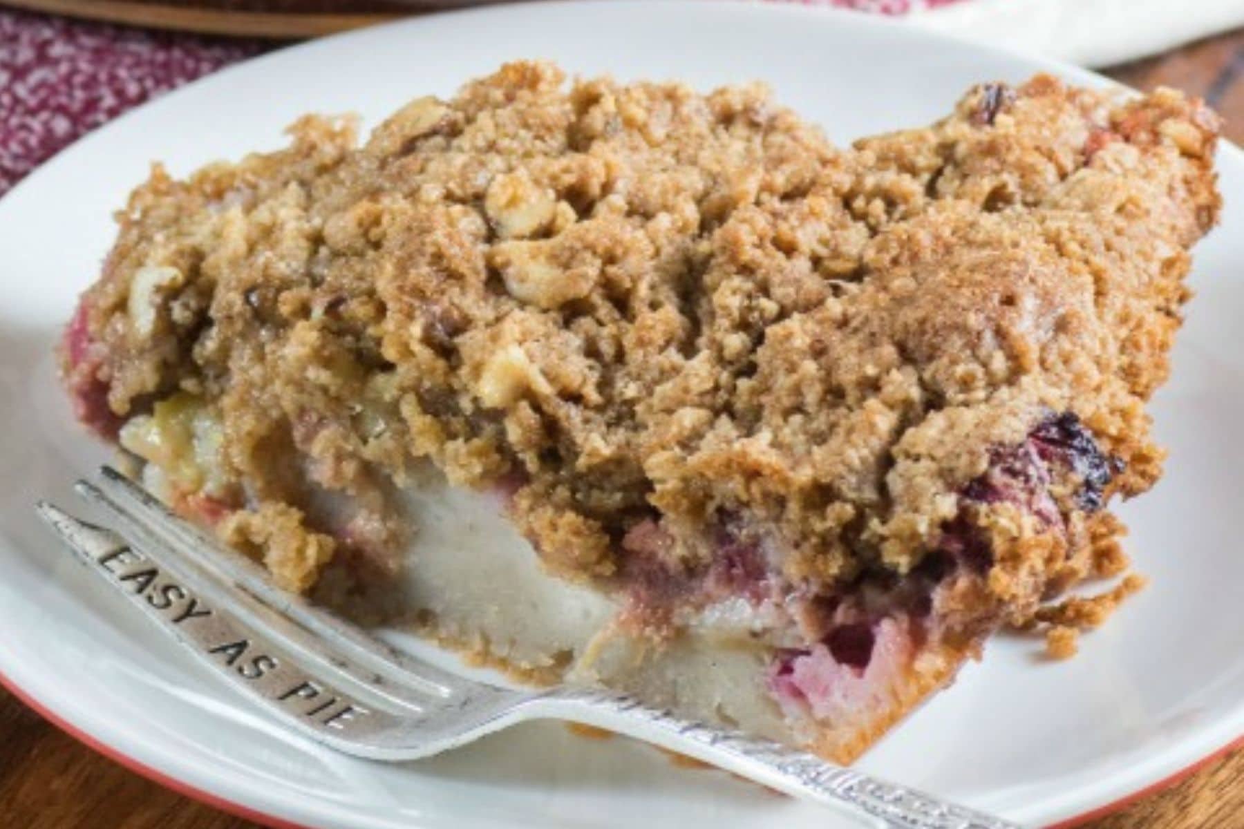 On a plate with a fork that says easy as pie.