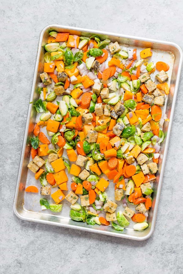 Sheet Pan Maple Balsamic Tempeh and Vegetables on a sheet pan